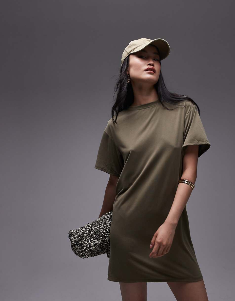 Topshop premium super soft twist back cupro T-shirt mini dress in khaki