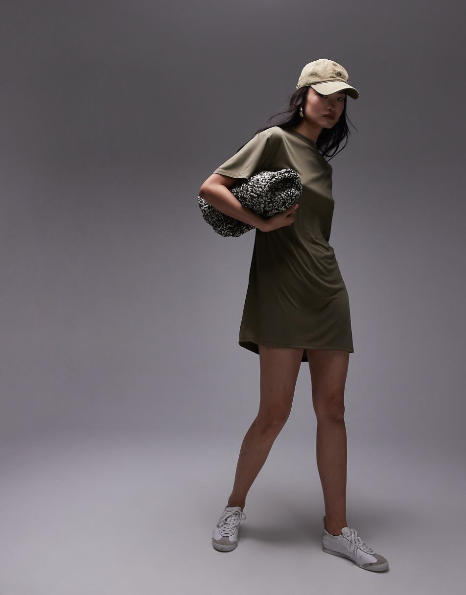 Topshop premium super soft twist back cupro T-shirt mini dress in khaki