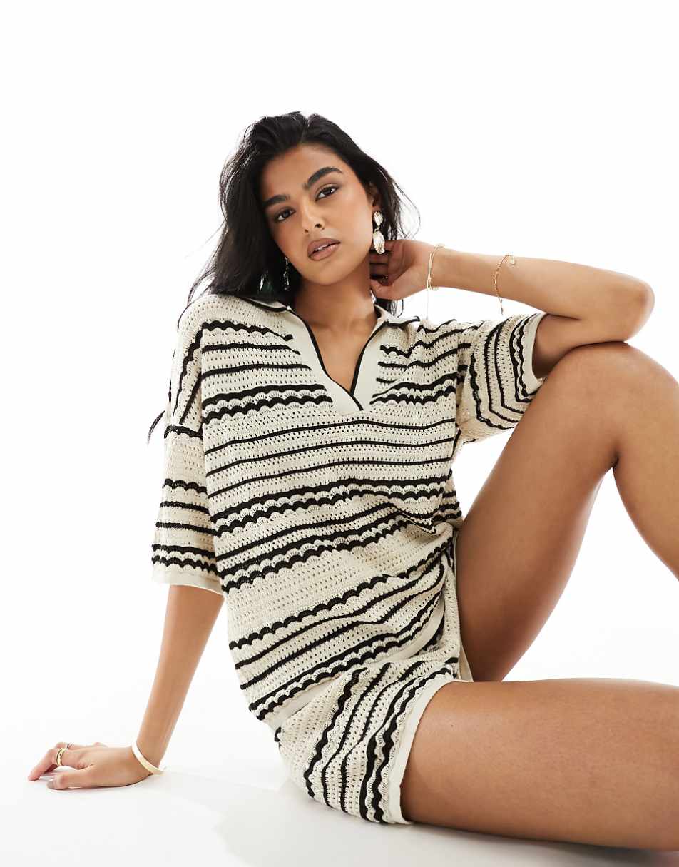 ASOS DESIGN knitted beach shirt in beige - part of a set