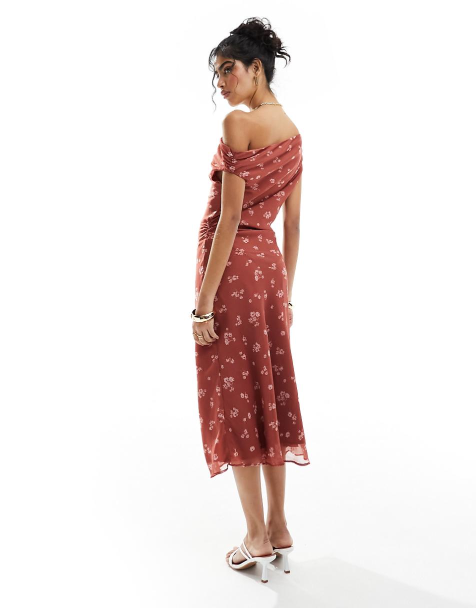 ASOS DESIGN fallen shoulder midi dress in raspberry floral print