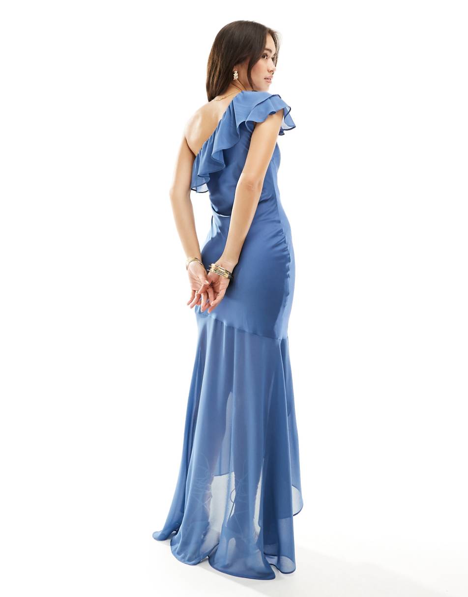 TFNC Bridesmaid satin one shoulder ruffle maxi dress in aster blue