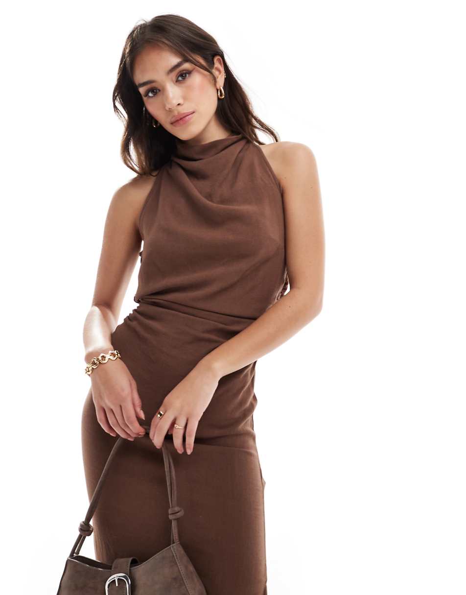 ASOS DESIGN high neck cross back column midi dress in chocolate