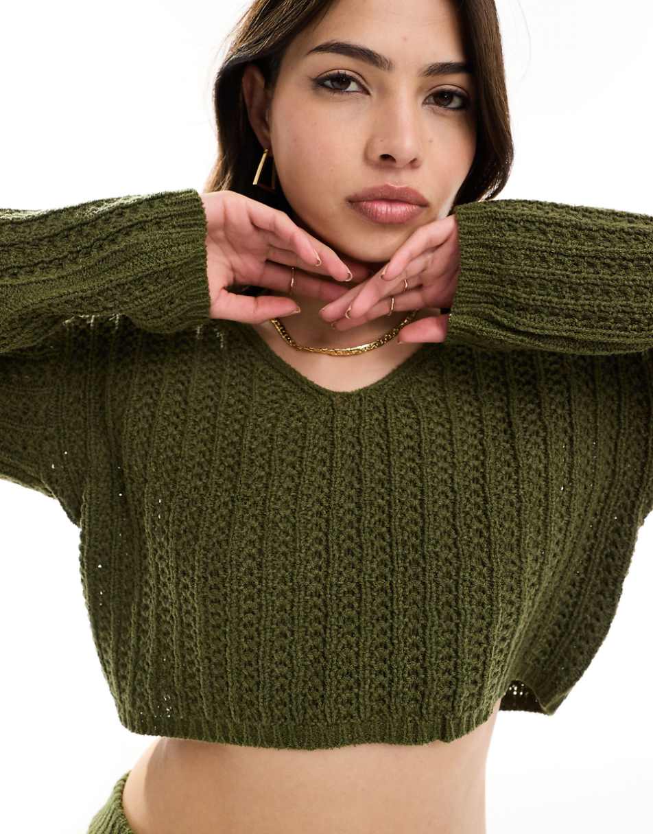 ASOS DESIGN knit v neck cropped sweater in open stitch in olive - part of a set