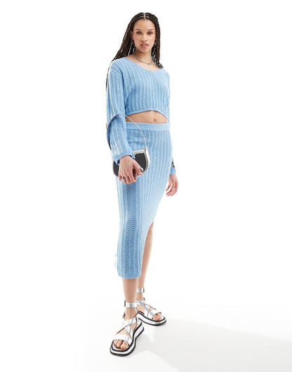 ASOS DESIGN Tall knit V-neck crop sweater in open stitch in blue - part of a set