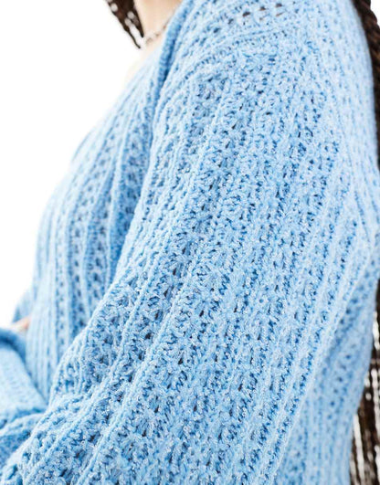 ASOS DESIGN Tall knit V-neck crop sweater in open stitch in blue - part of a set