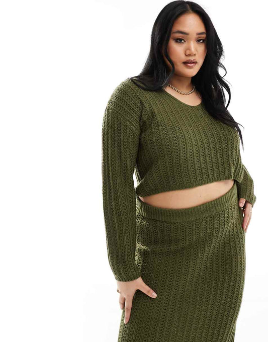 ASOS DESIGN Curve knitted v neck crop sweater in open stitch in khaki - part of a set