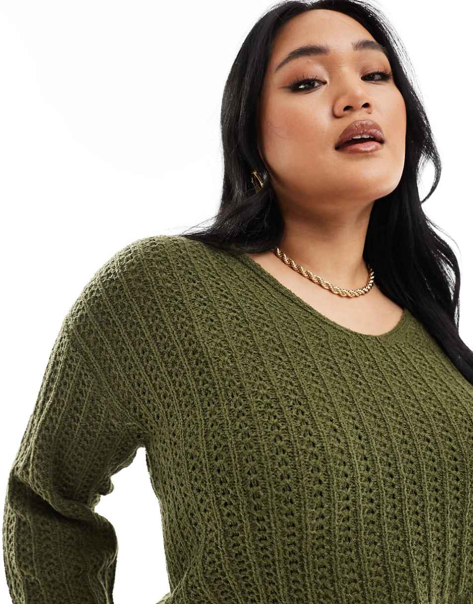 ASOS DESIGN Curve knitted v neck crop sweater in open stitch in khaki - part of a set