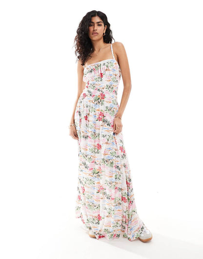 ASOS DESIGN square neck cami shirred bodice maxi dress in hawaiian print