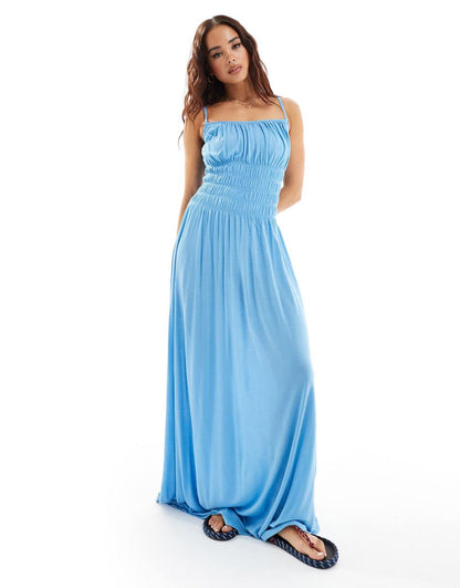 ASOS DESIGN square neck cami shirred bodice maxi dress in blue
