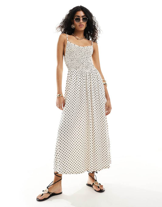 ASOS DESIGN crinkle cami shirred bodice full skirt midi dress in monochrome polka dot