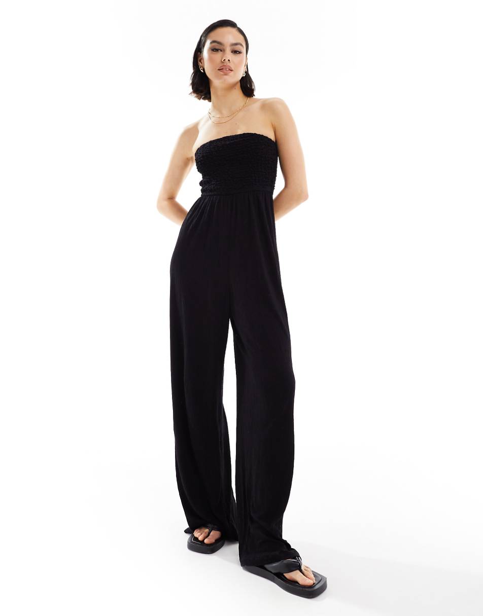 ASOS DESIGN bandeau crinkle bodice wide leg jumpsuit in black