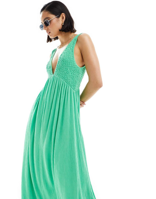 ASOS DESIGN crinkle v neck maxi dress with full hem in green