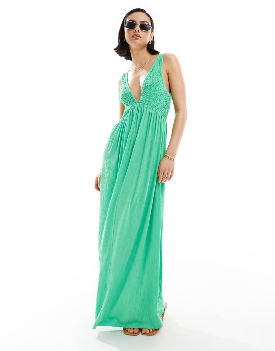 ASOS DESIGN crinkle v neck maxi dress with full hem in green