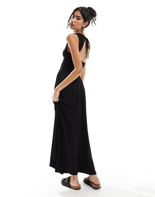 ASOS DESIGN crinkle shirred bodice maxi dress with open back in black