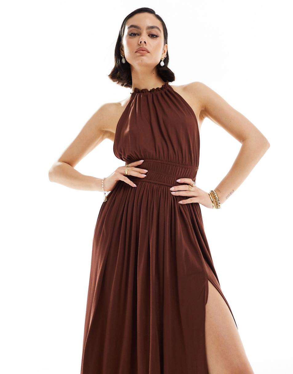 ASOS DESIGN halter neck maxi dress with gathered waist in chocolate