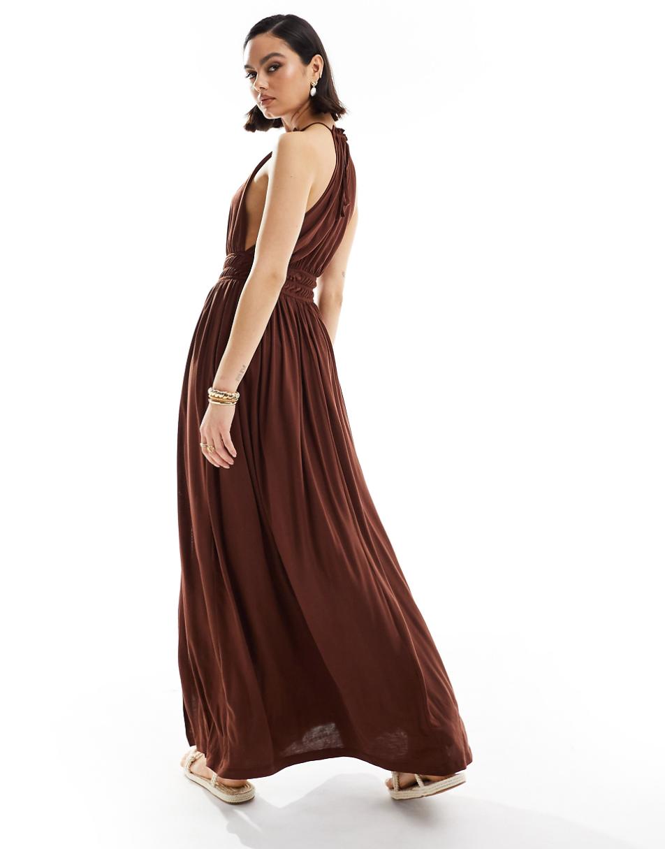 ASOS DESIGN halter neck maxi dress with gathered waist in chocolate