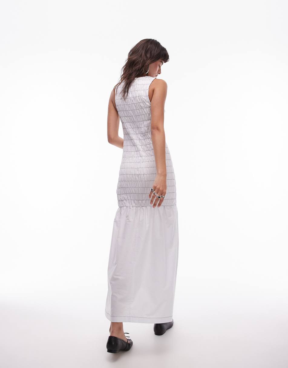 Topshop shirred maxi dress with contrast top stitch in white