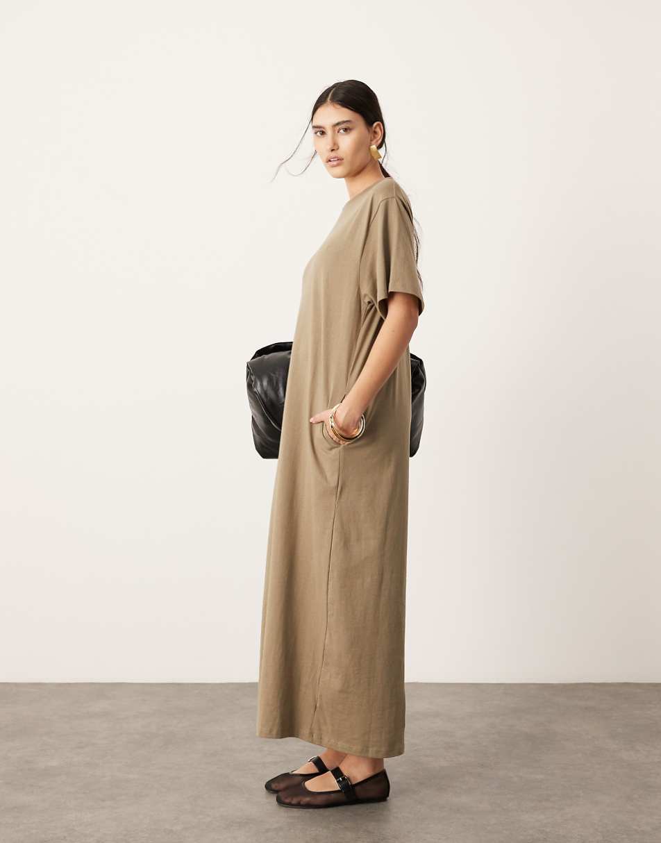 ASOS EDITION premium t-shirt maxi dress with pockets in khaki