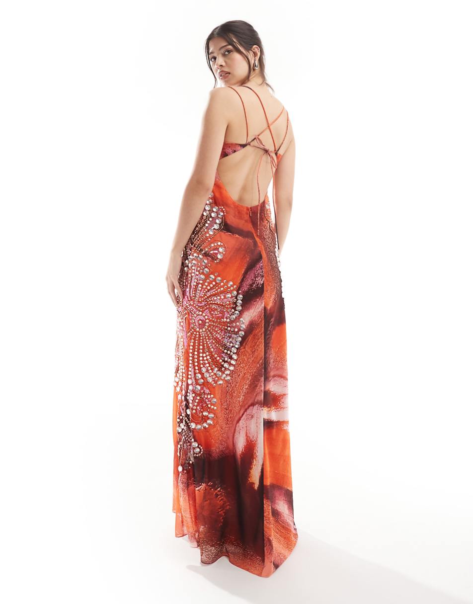 ASOS DESIGN embellished circle cut out maxi dress with puddle hem in orange abstract print