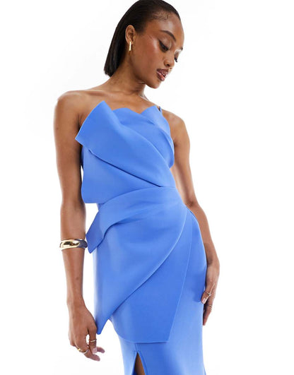 ASOS DESIGN Tall bandeau premium fan detail bodycon maxi dress with train in blue