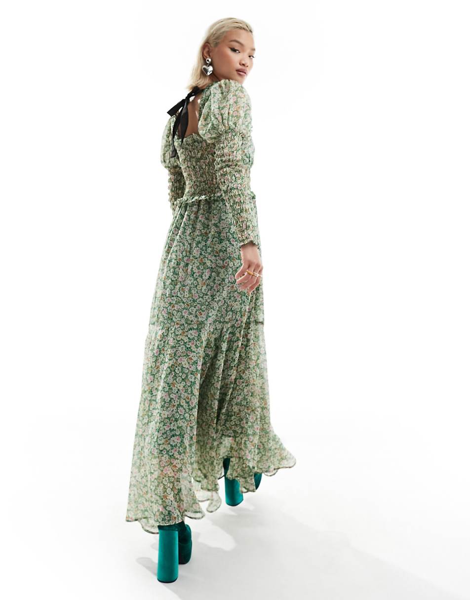 Sister Jane shirred tie back midaxi dress in green floral