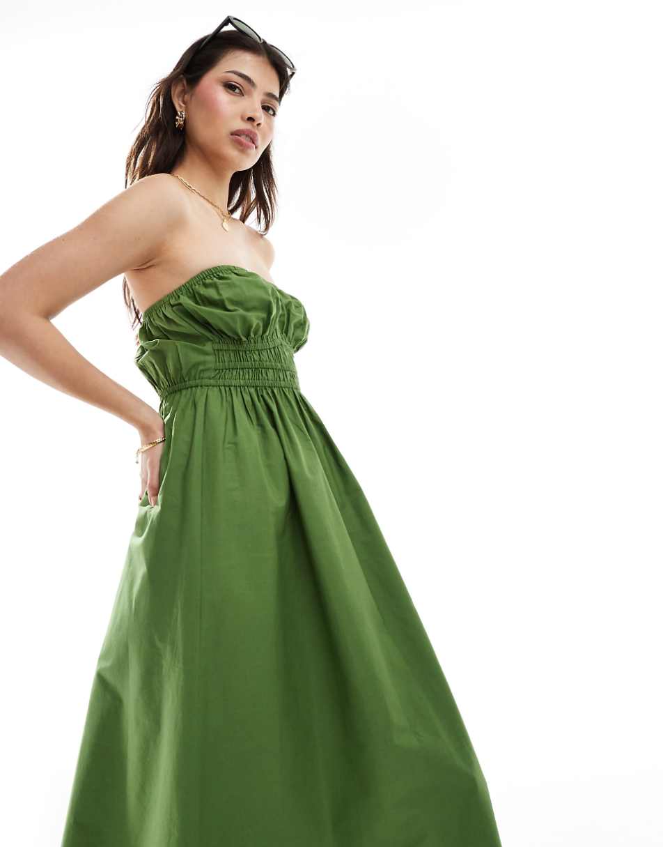 ASOS DESIGN bandeau midi sundress with ruched bust detail in khaki