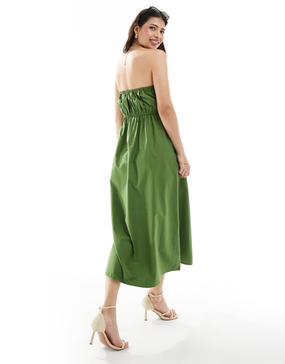 ASOS DESIGN bandeau midi sundress with ruched bust detail in khaki