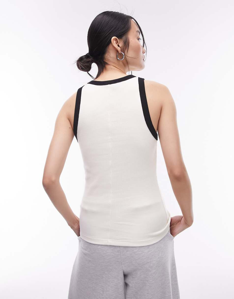 Topshop contrast ribbed slim tank top in off white