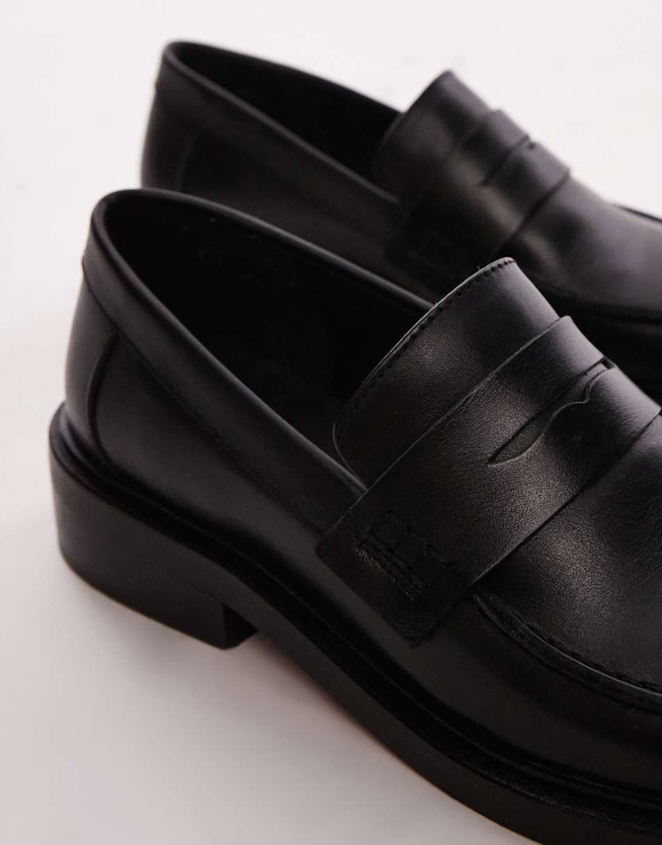 Topshop Cole premium leather square toe loafers in black