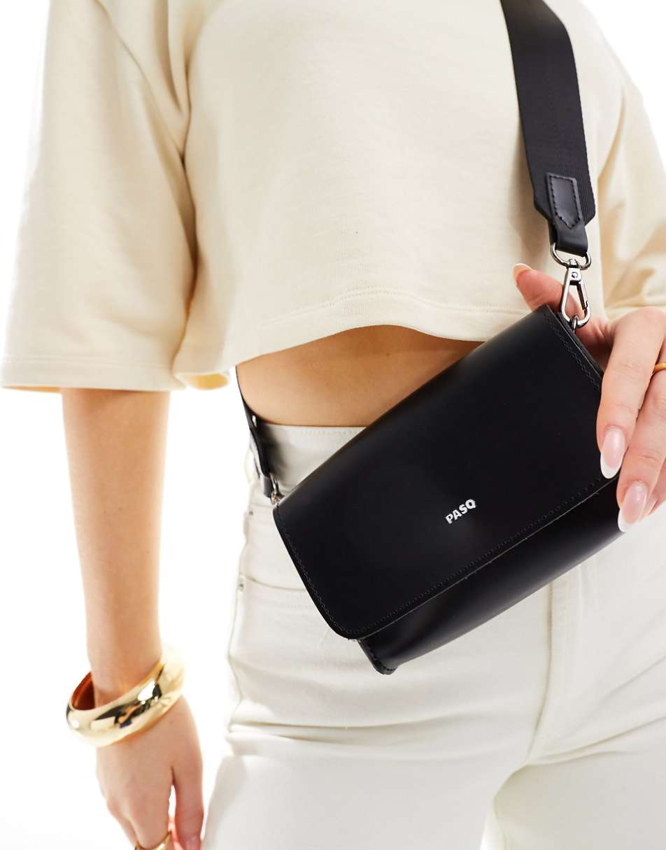 PASQ rectangular flap top cross body bag in black