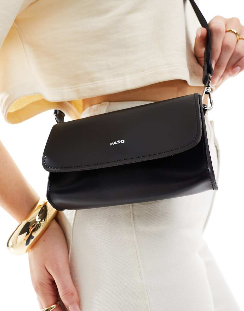 PASQ rectangular flap top cross body bag in black