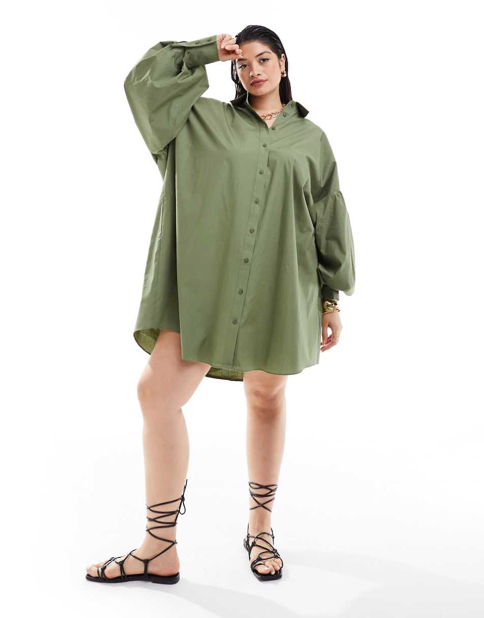 ASOS DESIGN Curve ultimate boyfriend mini shirt dress with volume sleeve in khaki