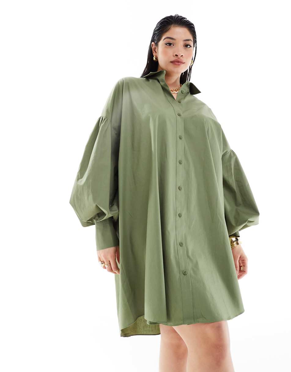 ASOS DESIGN Curve ultimate boyfriend mini shirt dress with volume sleeve in khaki