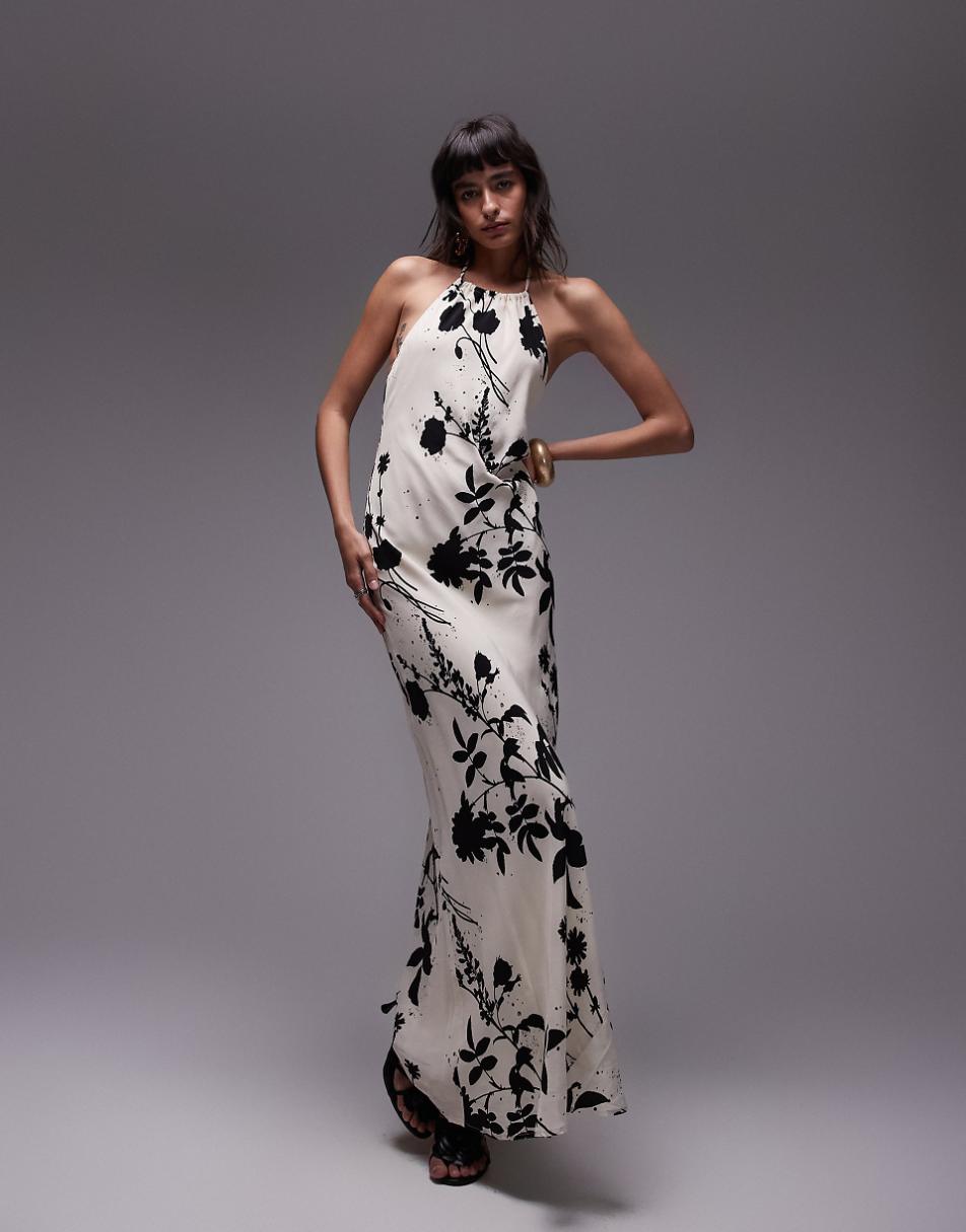 Topshop halter neck maxi dress in mono floral