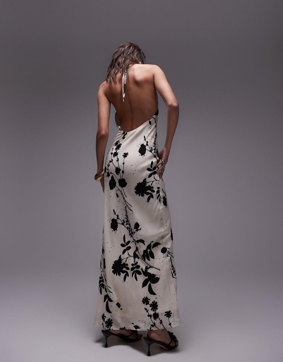 Topshop halter neck maxi dress in mono floral