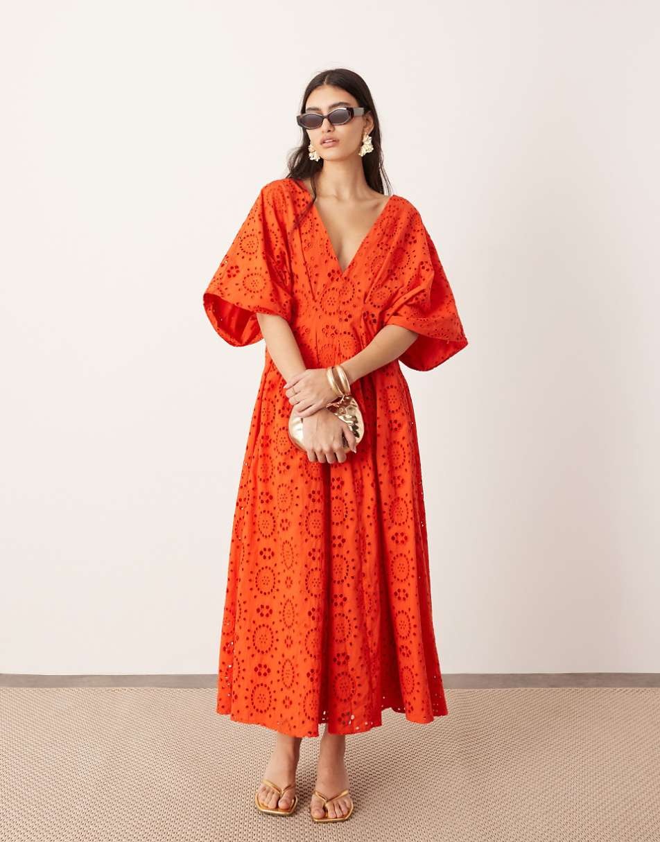 ASOS EDITION eyelet wide sleeve plunge midi dress in red