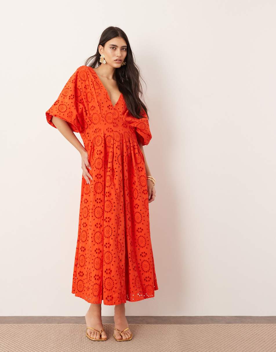 ASOS EDITION eyelet wide sleeve plunge midi dress in red