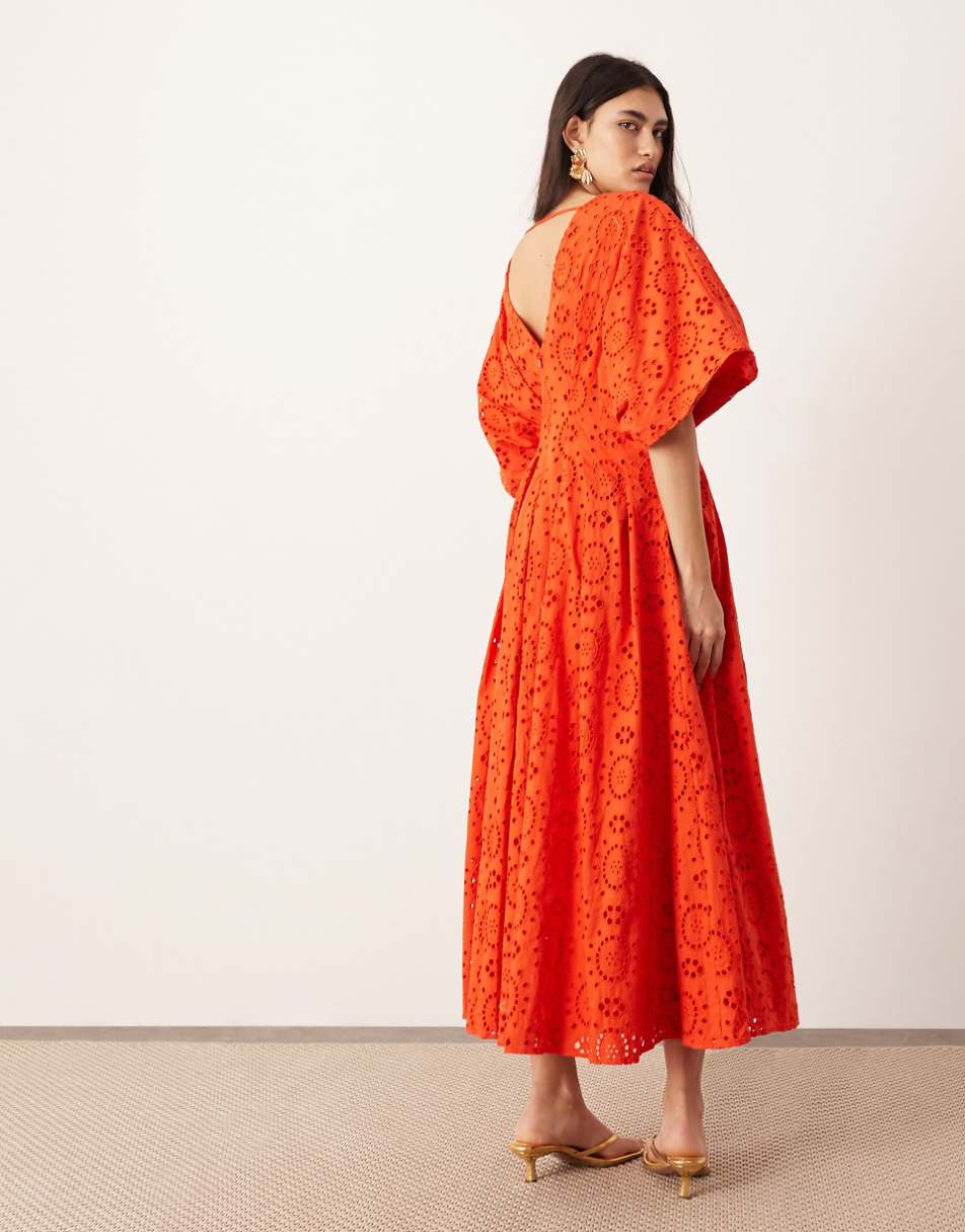 ASOS EDITION eyelet wide sleeve plunge midi dress in red