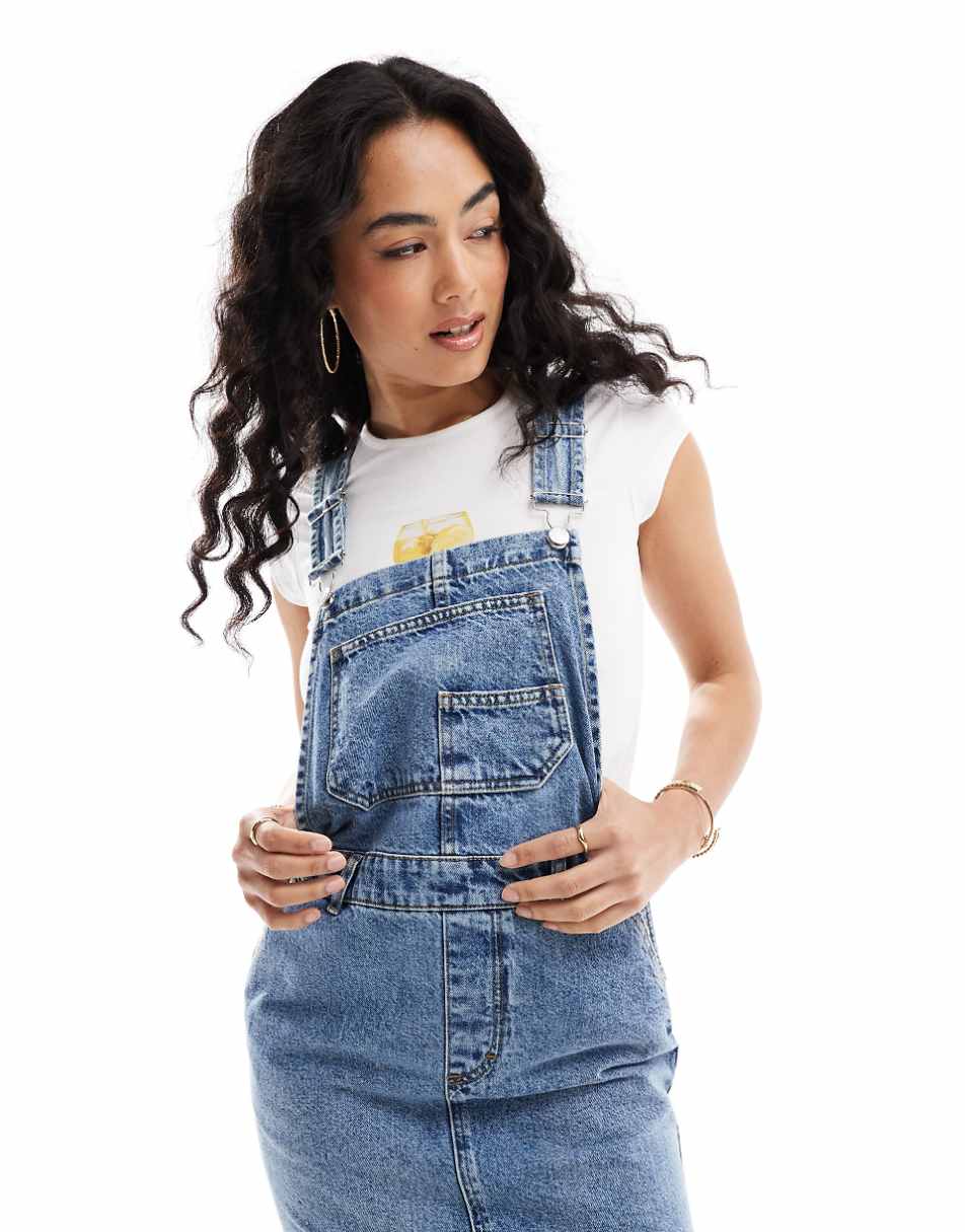 ASOS DESIGN denim dungaree dress in midwash blue