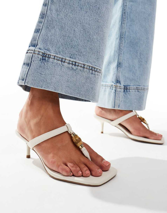 ASOS DESIGN Harmonica bamboo trim toe thong mid sandals in off white