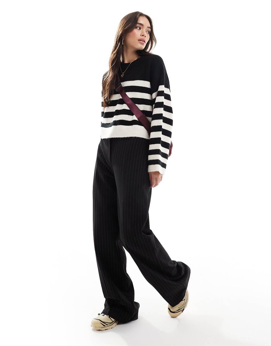 ASOS DESIGN crew neck boxy sweater with wide cuff in mono stripe