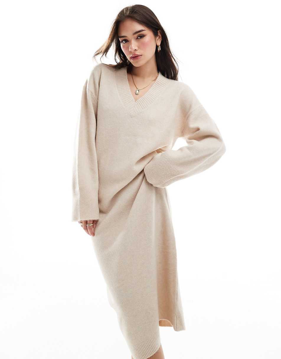 ASOS DESIGN knit v neck midaxi dress in oatmeal