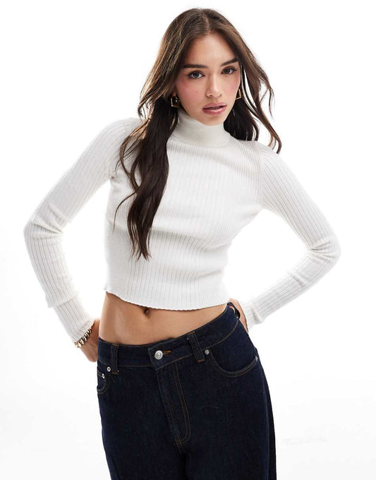 ASOS DESIGN knit turtleneck top in engineered rib in cream