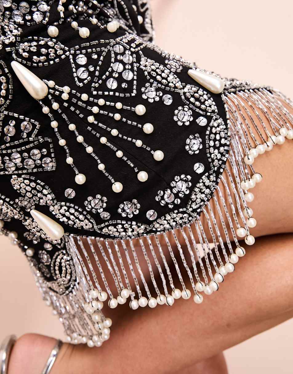 ASOS LUXE pearl embellished mini dress with scallop hem in black