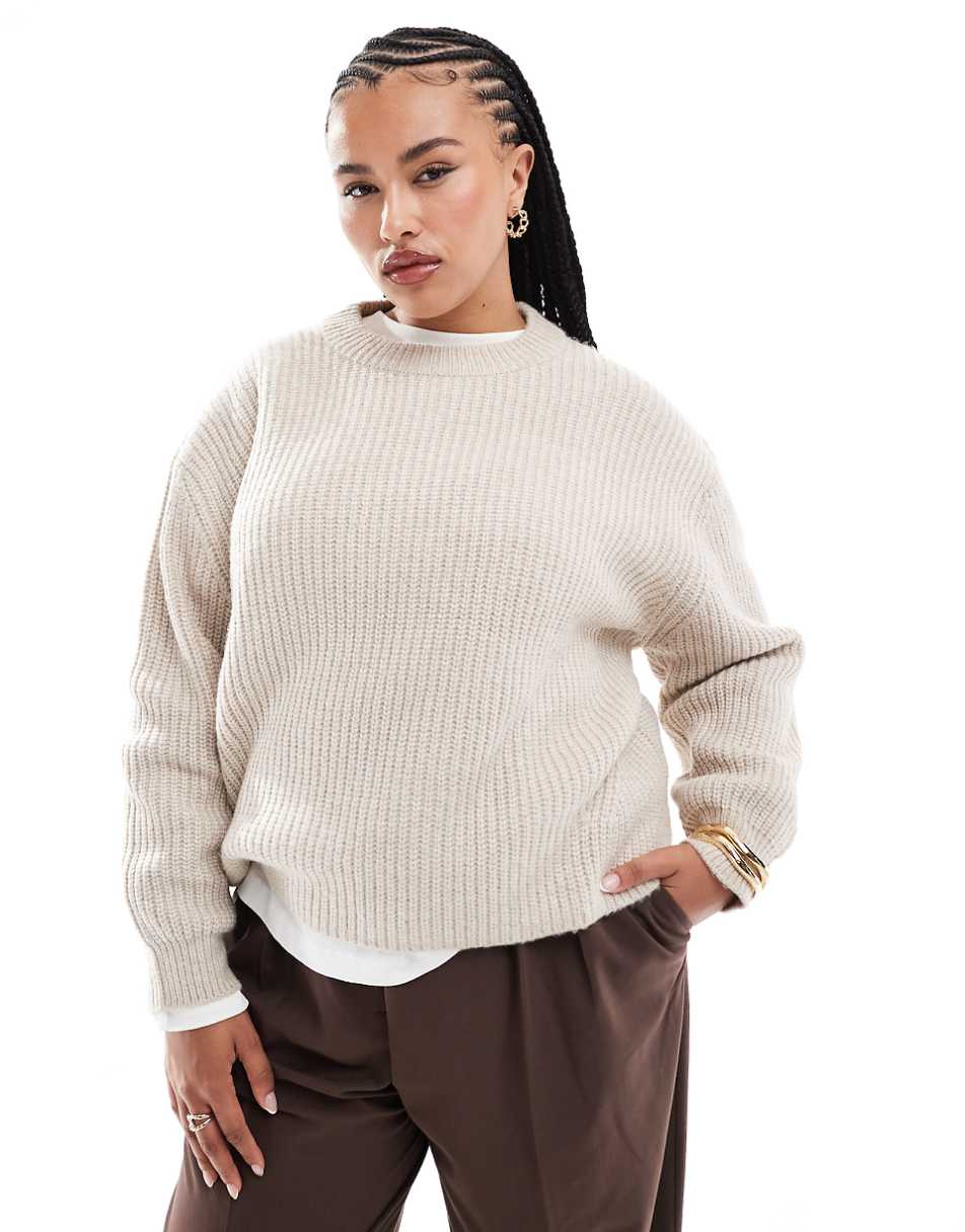 ASOS DESIGN Curve chunky crew neck rib sweater in oatmeal