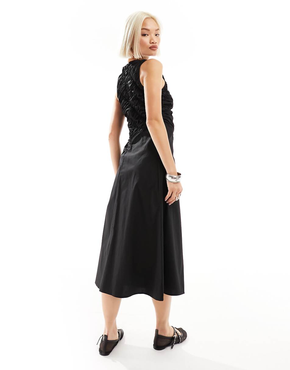 Urban Revivo shirred sleeveless midaxi dress in black