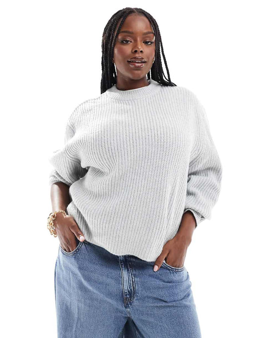 ASOS DESIGN Curve chunky crew neck rib sweater in light gray