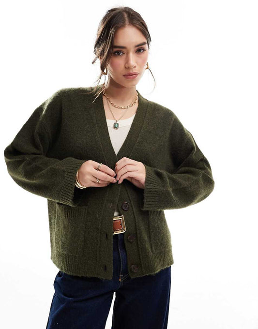 ASOS DESIGN boxy cardigan with V-neck and pocket detail in khaki