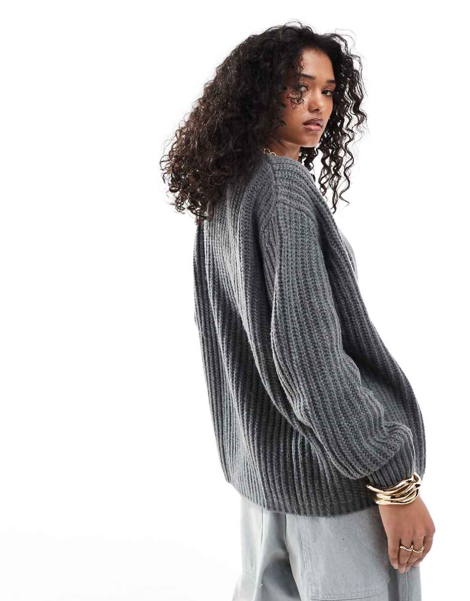 ASOS DESIGN fluffy ribbed cardigan with v neck in charcoal