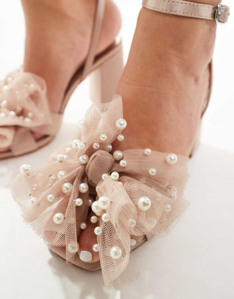 Be Mine Bridal Issa tulle pearl bow block heel sandals in blush